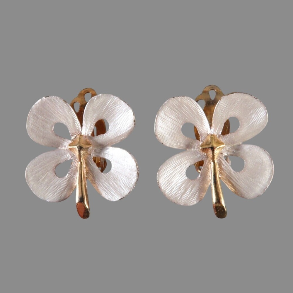Vintage PARK LANE CLIP-ON EARRINGS Shamrock 4-Leaf Clover GOLD & WHITE/SILVER